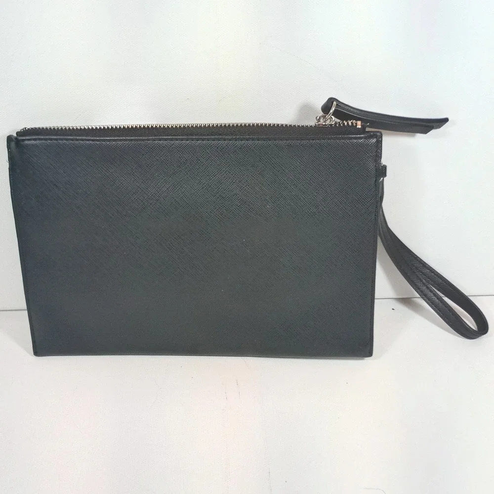 Guess Wristlet Clutch Black Saffiano Leather Logo Zip Pouch Small Handbag Purse